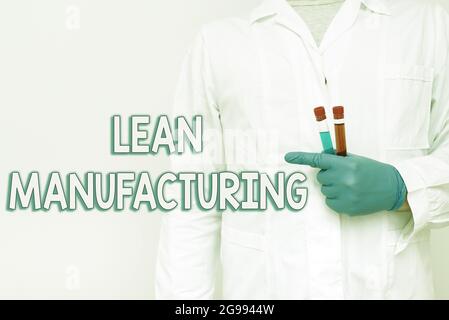 Text caption presenting Lean Manufacturing. Internet Concept focus on minimizing waste within manufacturing systems Chemist Presenting Infection Cure Stock Photo