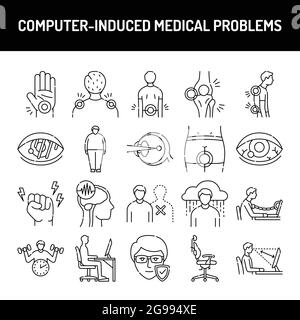 Computer-induced medical problems line icons set. Isolated vector element. Outline pictograms for web page, mobile app, promo. Editable stroke. Stock Vector