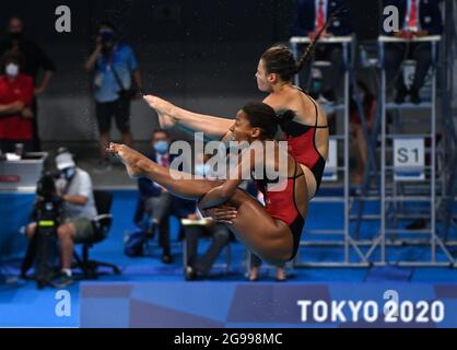 Tokyo, Japan. 25th July, 2021. Jennifer Abel and Melissa Citrini Beaulieu of Canada compete during the women's synchronised 3m springboard final of diving at Tokyo 2020 Olympic Games in Tokyo, Japan, July 25, 2021. Credit: Wang Jingqiang/Xinhua/Alamy Live News Stock Photo