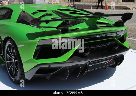 Modena, Italy, july 1 2021 - Lamborghini Aventador SVJ sport car detail, Motor Valley Exhibition Stock Photo