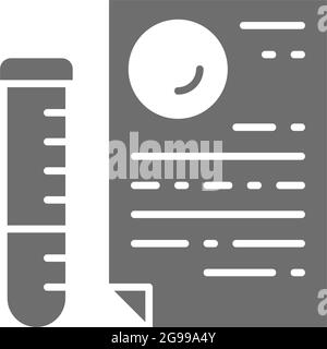 Medical glass tube with document, dna tests, paternity test result grey icon. Stock Vector