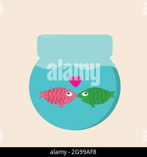 a pair of two fish in love pink and green look at each other hearts fly above them in a round aquarium on monochrome Stock Vector