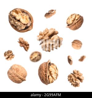 Falling walnuts isolated on white background Stock Photo