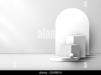 3D realistic modern white and gray geometric pedestal podium with rounded backdrop. Minimal wall scene mockup for product display presentation, etc. V Stock Vector