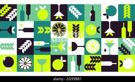 Plants, Fruits and Alcohol Shapes on Geometric Green Background. Decorative Colorful Square Tile. Vector illustration Stock Vector