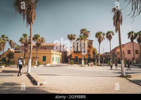 Colorfull streets of Goree island, Dakar, Senegal. Island is known for its role in the 15th- to 19th-century Atlantic slave trade. Stock Photo