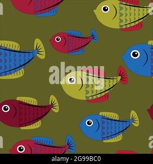 Seamless pattern with painted colorful fishes. Can be used for wallpaper, textiles, packaging, cards, covers. Small colorful fish on a green backgroun Stock Vector