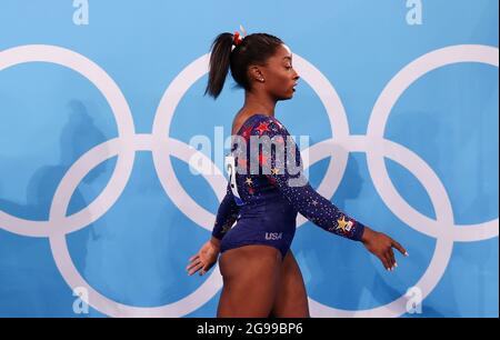 Tokyo, Japan. 25th July, 2021. Simone Biles of the United States attends the women's artistic gymnastics qualification at the Tokyo 2020 Olympic Games in Tokyo, Japan, July 25, 2021. Credit: Cao Can/Xinhua/Alamy Live News Stock Photo