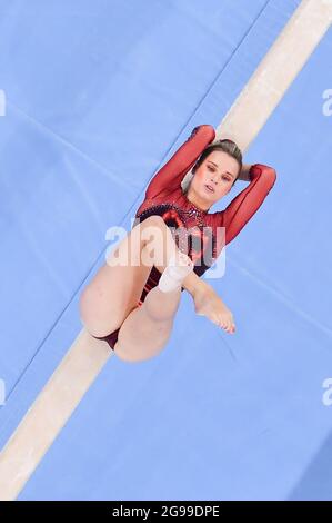 Tokyo, Japan. 25th July, 2021. Ana Derek of Croatia performs on the balance beam during the women's artistic gymnastics qualification at the Tokyo 2020 Olympic Games in Tokyo, Japan, July 25, 2021. Credit: Cheng Min/Xinhua/Alamy Live News Stock Photo