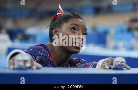 Tokyo, Japan. 25th July, 2021. Simone Biles of the United States attends the women's artistic gymnastics qualification at the Tokyo 2020 Olympic Games in Tokyo, Japan, July 25, 2021. Credit: Cheng Min/Xinhua/Alamy Live News Stock Photo
