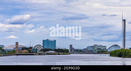 A skyline panorama looking down the River Clyde in Glasgow