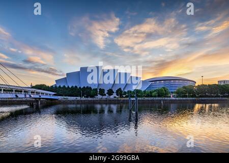 The SEC Armadillo & the SSE Hydro buildings on the river Clyde waterfront in Glasgow, taken at sunrise. Stock Photo