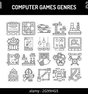 Computer games genres olor line icons set. Pictogram for web page, mobile app, promo. UI UX GUI design element. Editable stroke. Stock Vector