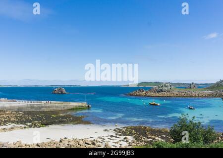 View overlooking the harbour of St Agnes, Isles of Scilly, UK Stock Photo