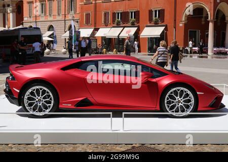 Modena, Italy, july 1 2021 - Lamborghini Huracan Evo RWD sport car, Motor Valley Exhibition Stock Photo