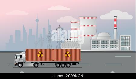 Transportation of spent nuclear fuel from nuclear power plants. Radioactive waste. Stock Vector