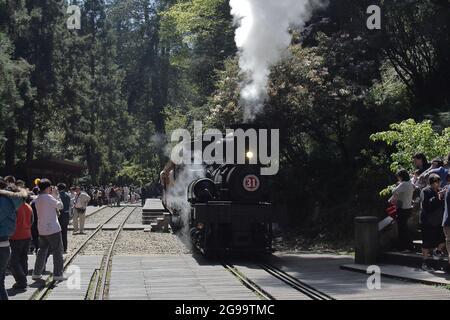 an old steam train running on the Alishan Forest Railway in the famous Alishan National Scenic Area, Chiayi, Taiwan. Stock Photo