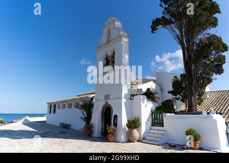 Vlacherna Monastery on the Kanoni peninsula of Corfu from nearby Stock Photo