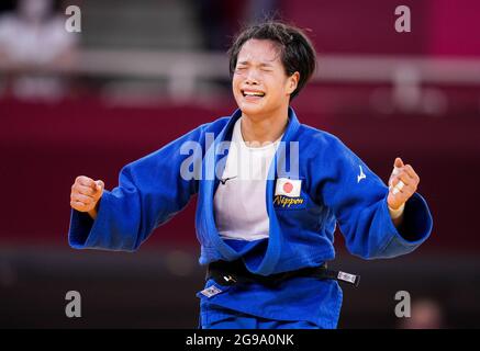 Tokyo, Japan. 25th July, 2021. Abe Uta of Japan celebrates after the women's 52kg Judo final between Abe Uta of Japan and Amandine Buchard of France at the Tokyo 2020 Olympic Games in Tokyo, Japan, July 25, 2021. Credit: Liu Dawei/Xinhua/Alamy Live News Stock Photo