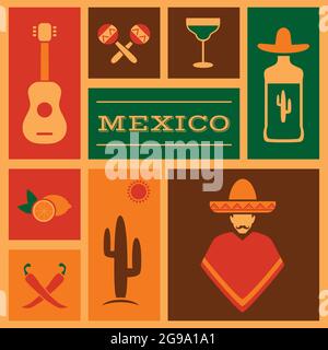 mexico background, vector mexican icons, cactus, tequila illustration Stock Vector