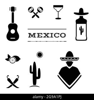 mexico background, vector mexican icons, cactus, tequila illustration Stock Vector