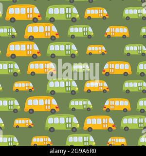 Seamless pattern with cute bus, car on green background. Cartoot transport. Vector illustration. Doodle style. Design for baby print, invitation Stock Vector