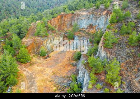 Reforestation and restoration of the land of former copper mining area in Troodos mountains, Cyprus Stock Photo