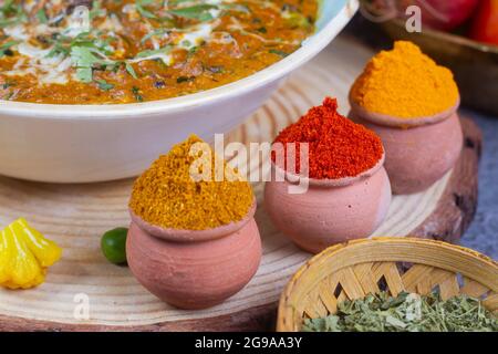 Indian Colourful Spices Also Know as Red Chilli Powder, Turmeric Powder, Coriander Powder, Mirchi, Mirch, Haldi, Dhaniya Powder Isolated on wooden Bac Stock Photo