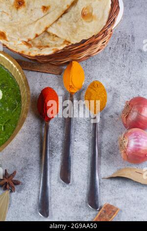 Indian Colourful Spices Also Know as Red Chilli Powder, Turmeric Powder, Coriander Powder, Mirchi, Mirch, Haldi, Dhaniya Powder Isolated on wooden Stock Photo