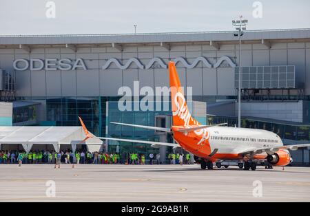 Ukraine, Odessa - July 16, 2021: Passenger aircraft Boeing 737-8Z0 SkyUp Airlines aircraft - UR-SQG at Odessa airport. Travel and flights. Stock Photo