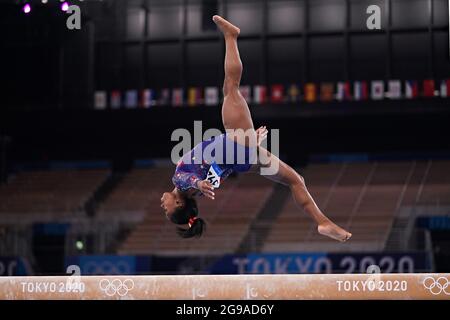Tokyo, Japan. 25th July, 2021. United States Artistic Gymnast Simone Biles during her qualifying round on the balance beam at Ariake Gymnastics Centre at the Tokyo Olympic Games in Tokyo, Japan, on Sunday July 25, 2021. Photo by Richard Ellis/UPI. Credit: UPI/Alamy Live News Stock Photo