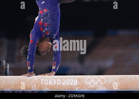 Tokyo, Japan. 25th July, 2021. United States Artistic Gymnast Simone Biles during the qualifying round on the balance beam at Ariake Gymnastics Centre at the Tokyo Olympic Games in Tokyo, Japan, on Sunday July 25, 2021. Photo by Richard Ellis/UPI. Credit: UPI/Alamy Live News Stock Photo