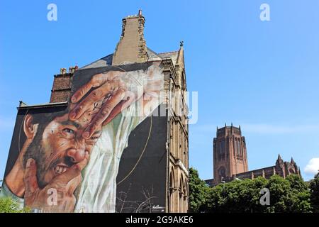 Urban Mural With Liverpool Anglican Cathedral In Background Stock Photo