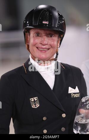 Tokyo, Japan. 25th July, 2021. Equestrian sport/dressage: Olympics, preliminary competition, individual, Grand Prix, Baji Koen Equestrian Park. Isabell Werth from Germany. Credit: Friso Gentsch/dpa/Alamy Live News Stock Photo