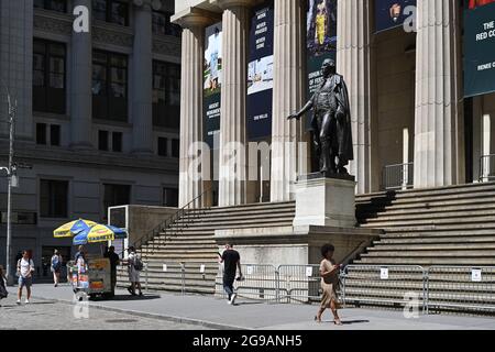 A view of Federal Hall which recently closed off its steps on July 23, 2021 in New York. Stock Photo