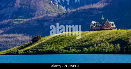 Scenic view of the iconic Prince of Wales hotel at Waterton Lake National park in Alberta Stock Photo