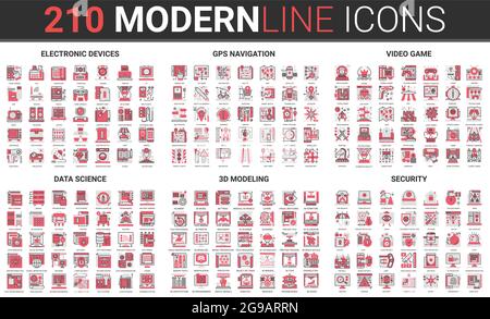 Video game devices, science data education, internet security thin red black line icon vector illustration set. Outline network cybersecurity technology, 3d modeling, travel gps navigation Stock Vector