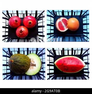 set of four minimalistic compositions on a black metal stand Stock Photo
