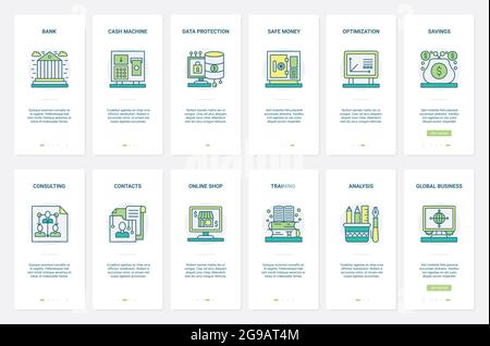 Financial optimization, finance data protection technology vector illustration. UX, UI onboarding mobile app page screen set with line consulting expert analysis, safe money savings, online shopping Stock Vector