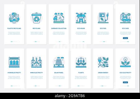 Eco electricity, modern technology of environmental protection and reuse vector illustration. UX, UI onboarding mobile app page screen set with line hydroelectric power station, recycling garbage Stock Vector