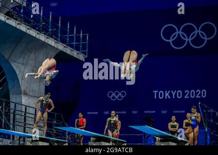 Tokyo, Japan. 25th July, 2021. Swimmers practice for the Women's Synchronized 3m Springboard at the Tokyo Aquatics Center, during the Tokyo Summer Olympic Games in Tokyo, Japan, on Sunday July 25, 2021. Photo by Tasos Katopodis/UPI. Credit: UPI/Alamy Live News Stock Photo
