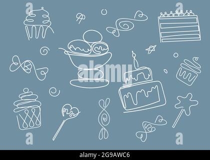 Desserts and sweets drawn by a single line.  Stock Vector