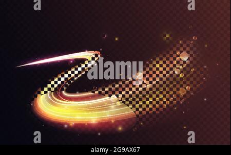 Luminous neon shape wave, abstract light effect vector illustration. Wavy glowing bright flowing curve lines, magic glow energy stream motion with particle isolated on transparent black background. Stock Vector