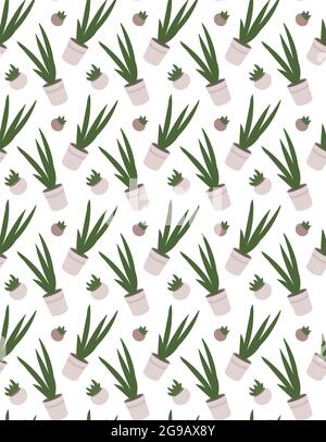 Indoor plants: succulents, sansevieria. Potted greens and flower pots. Vector winter garden seamless pattern. Print for textiles, tee-shirt, eco packaging, background, wallpapers Stock Vector
