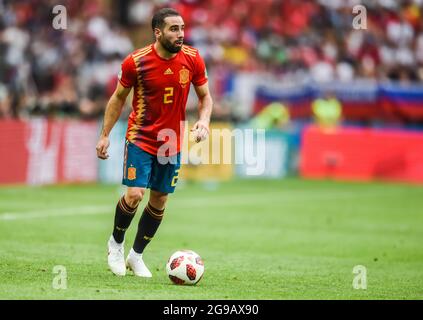 Moscow, Russia - July 1, 2018. Spain national football team defender Dani Carvajal during FIFA World Cup 2018 Round of 16 match Spain vs Russia