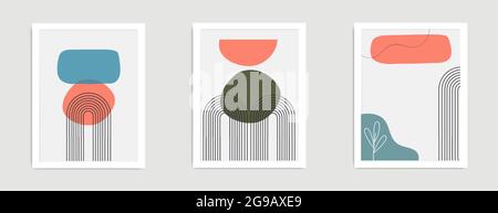 Set of abstract contemporary mid century posters with geometric shapes. Design for wallpaper, background, wall decor, cover, print, card, branding Stock Vector