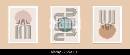 Set of abstract contemporary mid century posters with geometric shapes. Design for wallpaper, background, wall decor, cover, print, card, branding Stock Vector