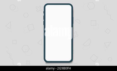 Green smartphone with retro abstract 80 s 90 s design pattern background. Memphis style with geometrical shapes of different vintage colors. Stock Vector