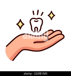 Cartoon hand holding tooth. Dental care, vector clip art illustration. Stock Vector