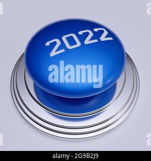 3d render of 2022 New Year blue push button isolated on white background Stock Photo
